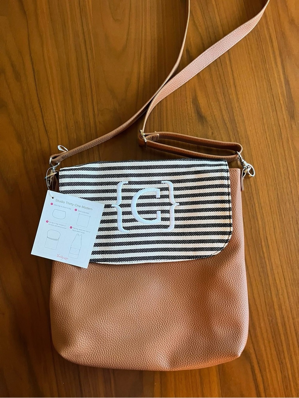 New with tag Thirtyone Striped Flap Tan Crossbody Bag